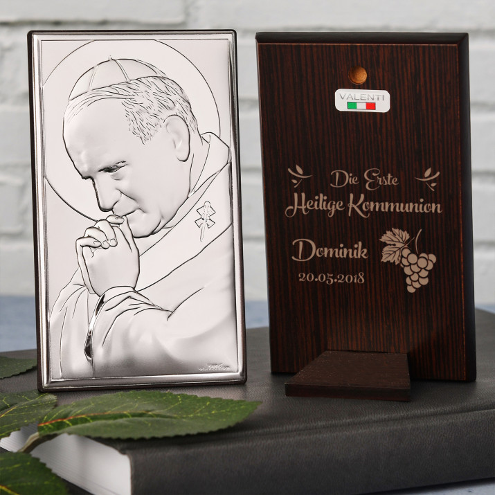 Erste Heilige Kommunion - Papst - Silbernes Bild mit Gravur